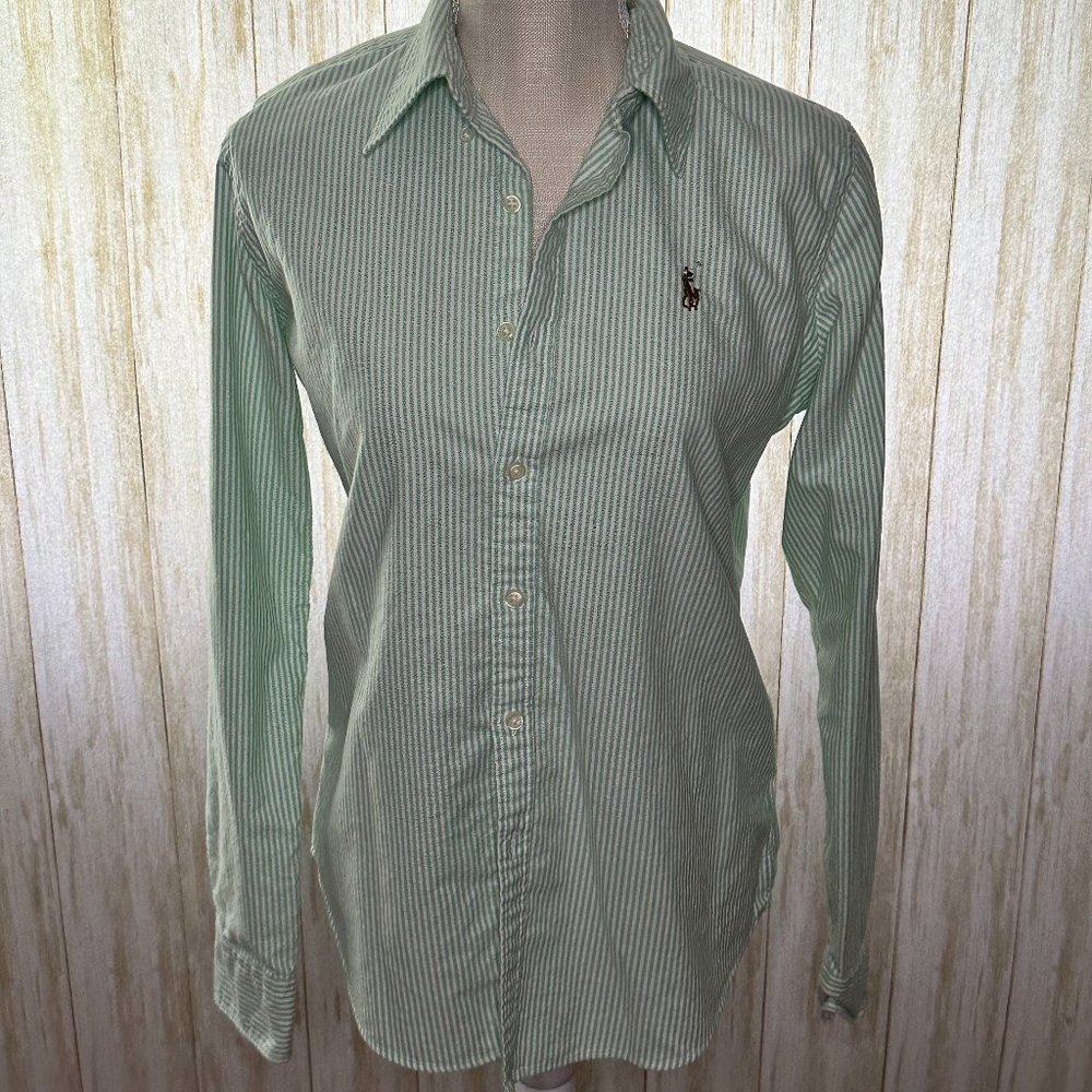 Green Striped Long Sleeve Ralph Lauren Polo Slim Fit